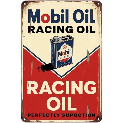 Mobil Oil Racing tin sign, Vintage Automotive Mobil Oil Metal Sign print Aesthetic Room Decoration for Home Bedroom Kitchen Bar Coffee Bathroom Indoor Outdoor Wall Decor, 8 X 12 IN