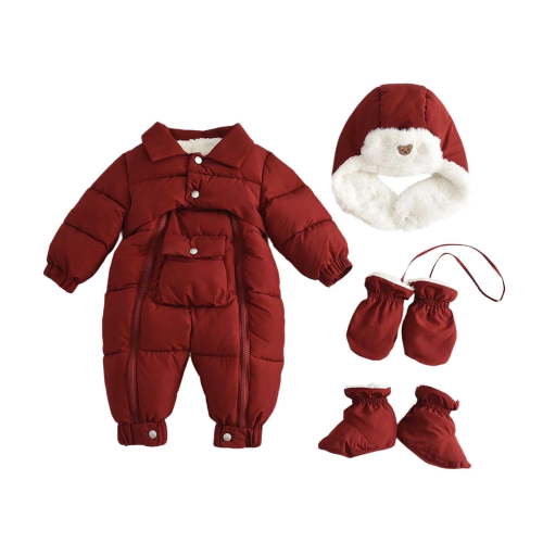 Baby Boys Girls Snowsuit Winter Hooded Fleece Jumpsuit Newborn Warm Footed Coat Outerwear with Gloves Red 3-6 Months
