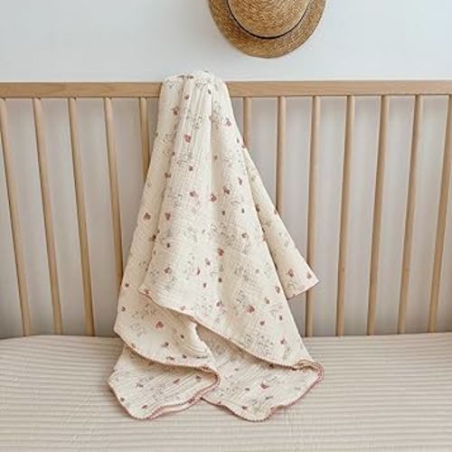 BuLuTu Baby Blankets for Girls Soft Lightweight Muslin Cotton Toddler Blanket Baby Quilts 2 Layer Gauze Cotton Nursery Blankets Crib Quilt,Bunny Pattern,47"x51"