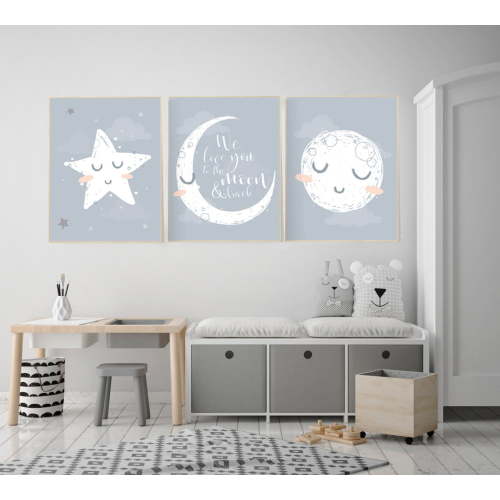 UNFFRAMED Luvia Set of 3 Grey Moon and Stars Nursery Poster Set Neutral Baby Room Decor Prints Set 3 Prints 8x12