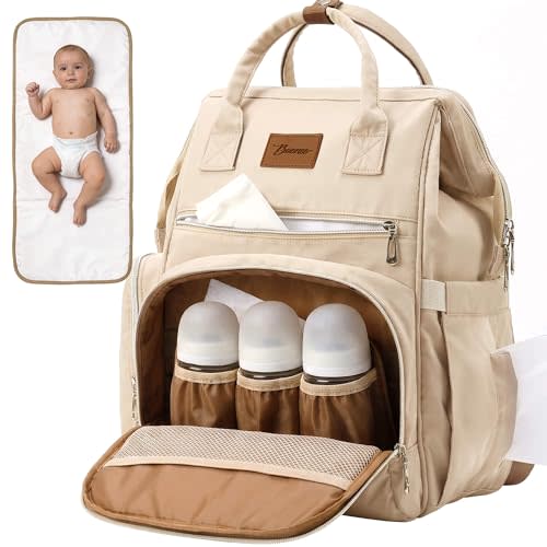 Diaper Bag Backpack with Wet/Dry Pocket, Changing Pad, 27L Beige | 14 Pockets, 3 Insulated Bottle Pockets & Rear Opening for Organizing, Stroller Straps & Luggage Sleeve for Travel