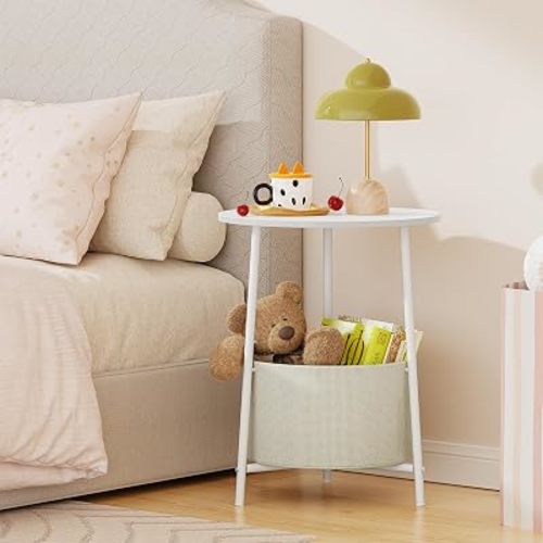 Small Round Side Table, Modern Nightstand with Fabric Basket