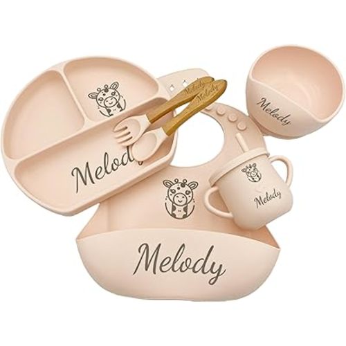 Juego de Alimentación Personalizado para Bebé de 6 Piezas con Nombre, Grado Alimentario, Incluye Cuchara, Tenedor, Cuencos de Succión de Silicona, Taza, Plato y Babero, Libre de BPA - Primera Etapa de