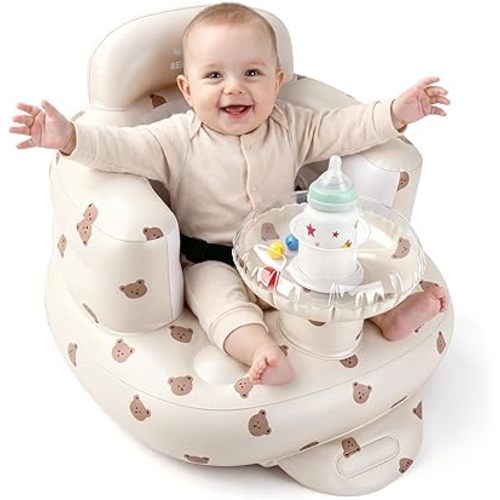 BEBOAN Inflatable Baby Seat with Bell & Clear Tray for 3-36 Months, Portable Upseat Baby Chair with Safety Strap for Sitting Up, Foldable Blow Up Infant Seat, Built-in Air Pump, Beige Bear