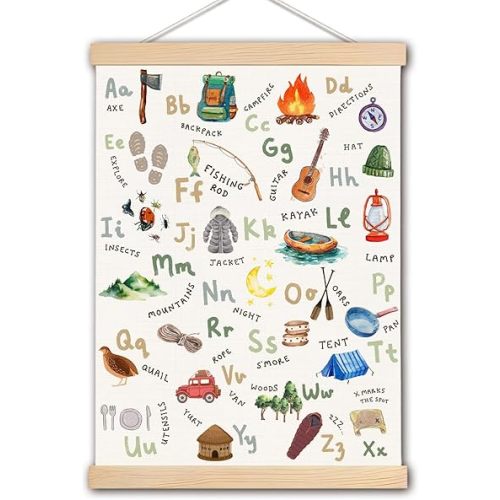 Alphabet Poster, Camping Alphabet Nursery Wall Art Poster Hanger Frame, Camper Decor, Alphabet ABC Educational Posters Wall Decor for Camper Home Classroom Kids Room Playroom Nursery, 12x16 Inches