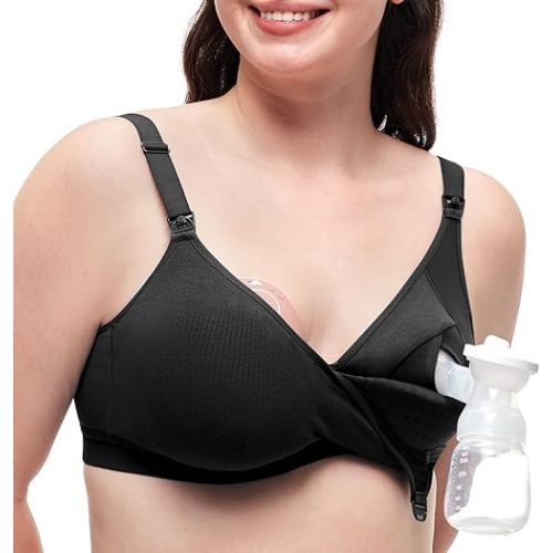 Momcozy Hands-Free Pumping Bra, Wireless & Seamless HF010 Breast Pump Bra, Breathable Tencel™ Fabric & Fully Fixed Cups