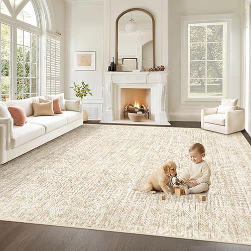Living Room Rugs 8x10: Washable Moroccan Geometric Boho Rug Farmhouse Non Slip Stain Resistant Large Rug Low Pile Soft Carpet for Bedroom Dining Room Children Room (Beige,8'x10')
