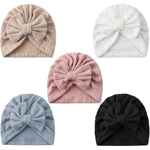 5 PCS Baby Hair Bow Hats, Baby Turban for Baby Girls, Toddler Hat with Bows for Girls, Infant Caps