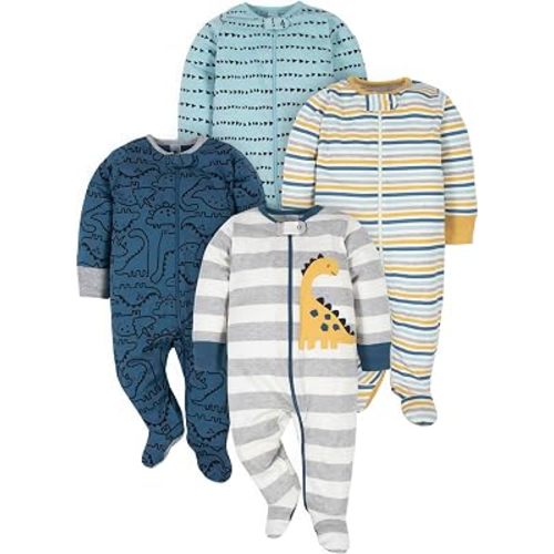 Gerber Baby Boys 4 Pack 'N Play Footie And Toddler Sleepers, Dinosaur Blue, 0-3 Months US