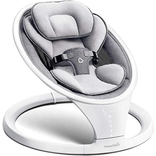 Munchkin Electric Baby Swing, Portable and Lightweight, Bluetooth Enabled Infant Rocker with Natural Sway in 5 Ranges of Motion, Newborn Nursery Essentials, White/Grey
