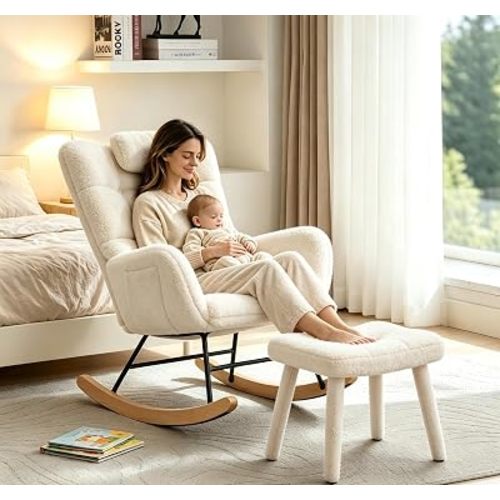 Nursery Rocking Chair, Upholstered Glider Rocking Chair with High Backrest