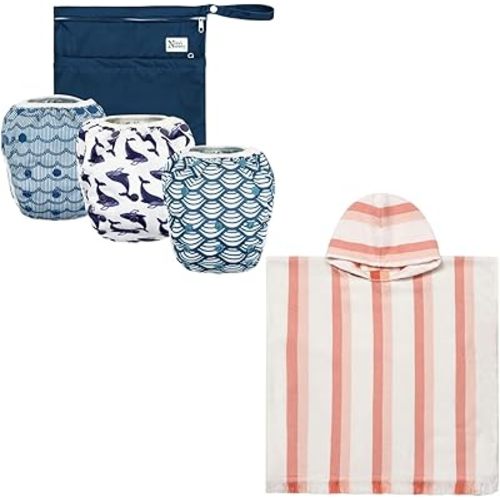 Nora’s Nursery Baby Swim & Bath Essentials Bundle – Reusable Adjustable Swim Diapers Unisex 3-Pack with Wet Bag (Big Splash) + Ultra-Soft 350GSM Hooded Baby Bath Towel (Coral), Quick-Dry, 0–3 Years