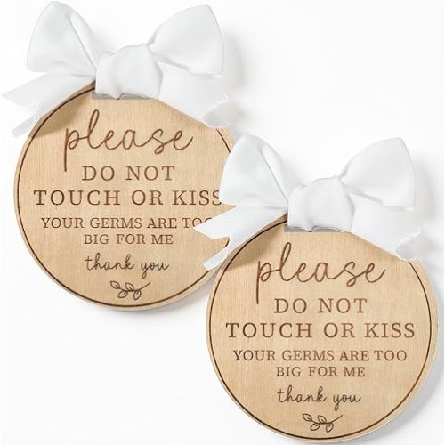 2PCS Please Do Not Touch or Kiss Baby Sign with Ribbon, Wooden Please Dont Touch Baby Sign, Round Babys Stroller Tag for Car Seats, Strollers, and Cribs
