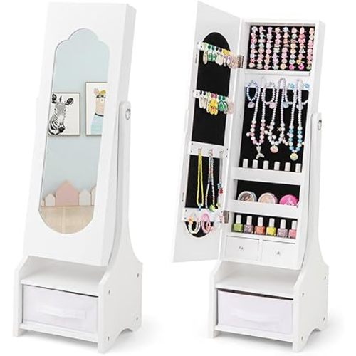 CHARMAID Kids Jewelry Armoire Cabinet - Standing jewelry Organizer for Girls, Full Length Mirror, Storage Drawers and Shelves, Kids Vanity Dressing Mirror with Storage (White)