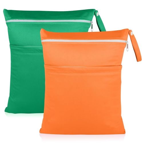 Angel Love Baby Cloth Diaper Wet/Dry Bags, 2 Pack With Two Zippered Pockets, Waterproof Washable Reusable for Travel, Beach, Pool, Gym, Swimsuits or Wet Clothes, L0109