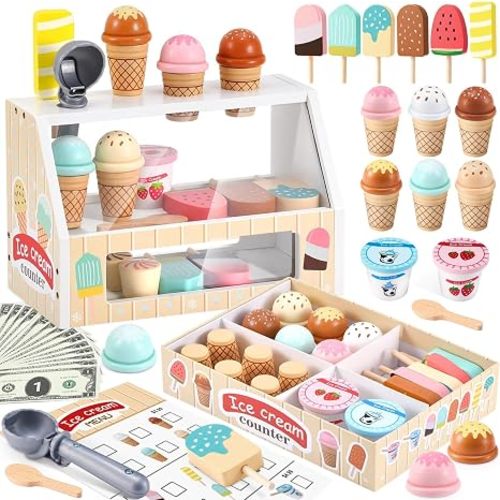 Wooden Ice Cream Toys Kids Play Store Pretend Toy for Toddlers, Play Kitchen Accessories with Scoop, Menu, Ice Cream Play Set Birthday for 3 4 5 6 Year Old Girls Boys