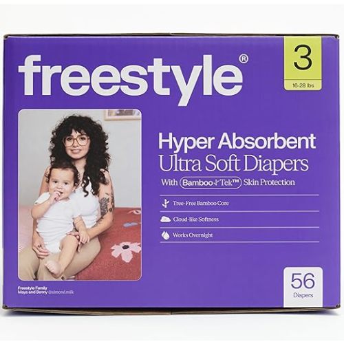 Freestyle BambooTek Diapers – (Size 3) Hyper Absorbent & Non-Toxic – Disposable Diapers for Sensitive Skin – Ultra Soft Diaper's (16-28 lbs) – 56 Count