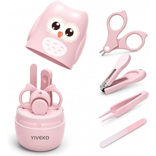 Baby Nail Kit, 4-in-1 Baby Nail Care Set with Cute Case, Baby Nail Clippers, Scissors, Nail File & Tweezers, Baby Manicure Kit and Pedicure kit for Newborn, Infant, Toddler, Kids-Owl Pink