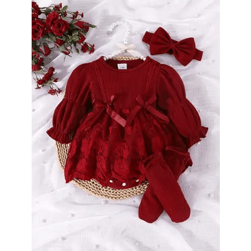 girls' waffle knit lantern sleeve mesh bow romper matching - Temu