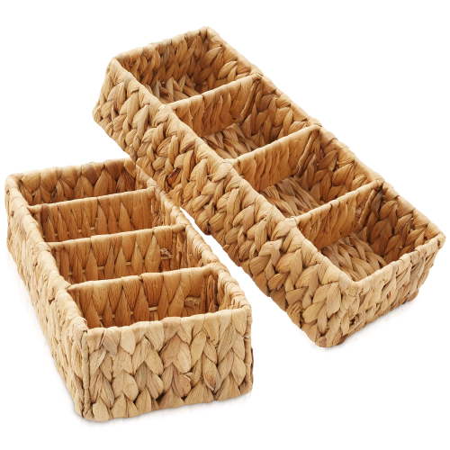 Casafield Set of 2 Water Hyacinth Storage Baskets with 4 Sections, Natural - Woven Bin Organizers for Bathroom, Laundry, Pantry, Office, Shelves