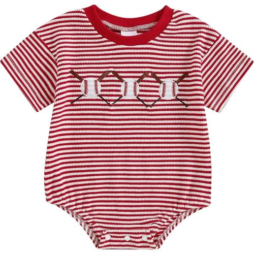Mobbdow Infant Baby Boy Girl Baseball Outfit Embroidery Stripe Short Sleeve Bubble Romper Waffle Knit Bodysuit Summer Clothes