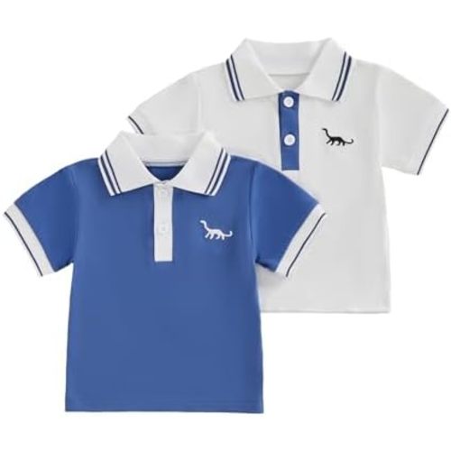 Toddler Baby Boy Summer Outfit Dinosaur 2-Pack Short Sleeve Polo T-Shirt Mandarin Collared Half Button Tops Clothes