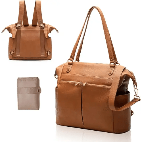 MOMINSIDE Diaper Bag Tote, 4 in 1 Leather Diaper Bag Backpack with 13 Pockets, Convertible Baby Bag for Boys Girls,Diaper Bags Baby Registry, Changing Pad, 4 Large Insulated Pockets(Brown)