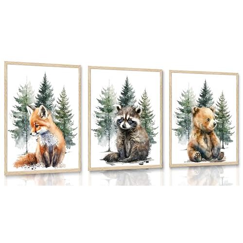 3Pcs Forest Watercolor Canvas Wall Art Set Featuring Fox Raccoon Bear Paintings Posters Prints Pictures for Kids Room Nursery Kindergarten Wall Decor Decoration Unframed