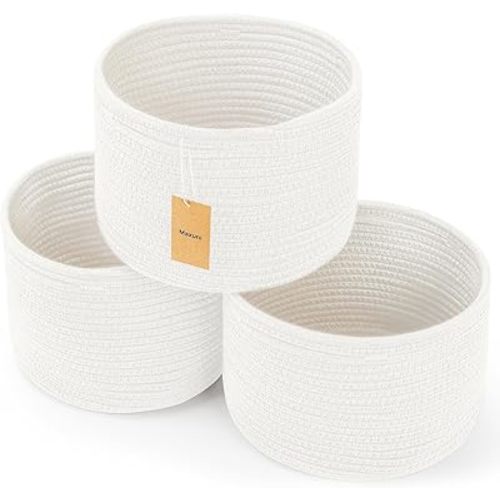 Small Rope Baskets for Storage, Baskets for Gifts Empty, Cute Round Woven Baskets, Decorative Shelf Basket 9.82×9.82×7.1", Cotton Toy Basket Storage Bins for Organizer 3 Packs White