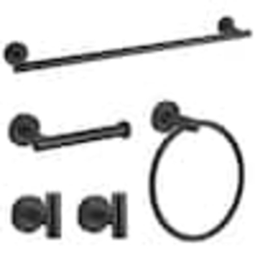 BYH build your home 5-Piece Bath Hardware Set Accessories with Towel Bar Towel Hook Toilet Paper Holder and Towel Ring in Matte Black BHS-2004-MB