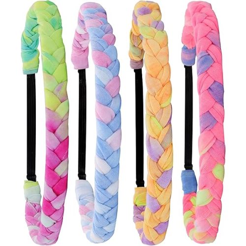 FROG SAC 4 Braided Headbands for Girls, Adjustable Rainbow Tie Dye Braid Head Bands for Kids, Stretch Elastic Cloth Fabric Hairbands Accessories for Women, Teen Easter Basket Fillers Stocking Stuffers