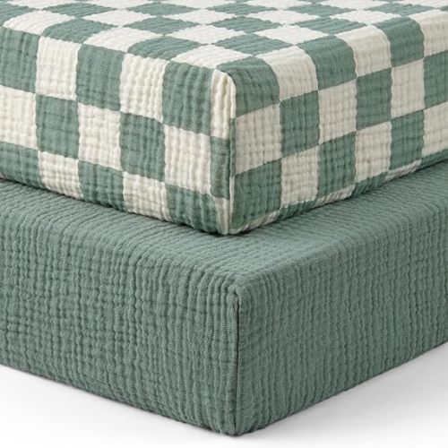 Blissful Diary Muslin Crib Sheets for Girl Boy, Boho Neutral Soft Cotton Baby Sheet for 52''x28'' Standard Crib Mattress, 2 Pack(Sage Checkboard & Sage Green)