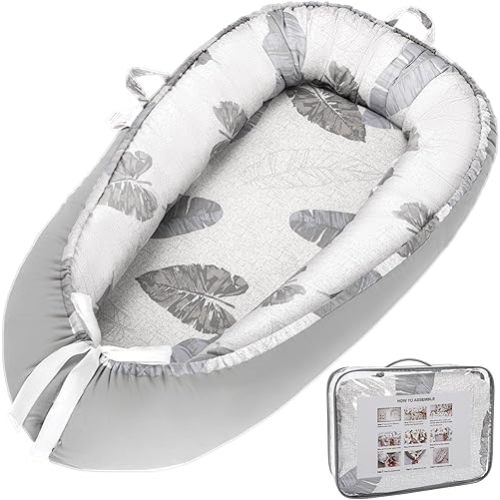 Alened Baby Lounger for Newborn 0-12 Months, Portable Infant Lounge on Floor for Supervised Tummy Time, Babies Support Pad with Breathable Cotton for New Born Awake Use Only - Grey Leaves
