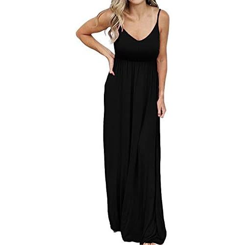 PRIMODA Women's Summer Casual Sleeveless V Neck Adjustable Spaghetti Strap Maxi Long Dress