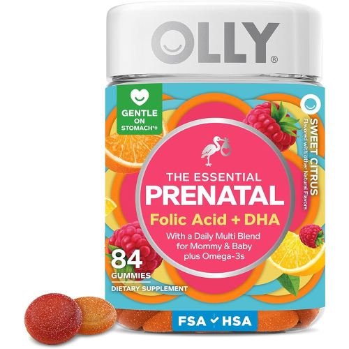 OLLY Essential Prenatal Gummy Multivitamin, Folic Acid, Vitamin D, Omega 3 DHA, Supports Healthy Growth and Brain Development, Citrus Berry - 84 Count