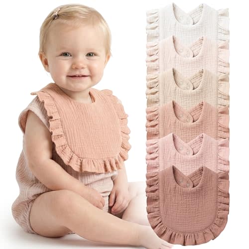 Konssy 6-Pack Muslin Baby Girl Bibs, Absorbent Drool Bibs with Ruffle Trim | 100% Soft Cotton, 6-Layer Absorbency, Adjustable Bibs for Drooling & Teething, Newborn to Toddler 0-36M