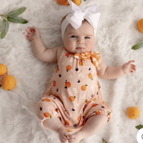 Sweet Tangerine Blossoms Bubble Romper | Best Bamboo Baby Daywear| Free Birdees