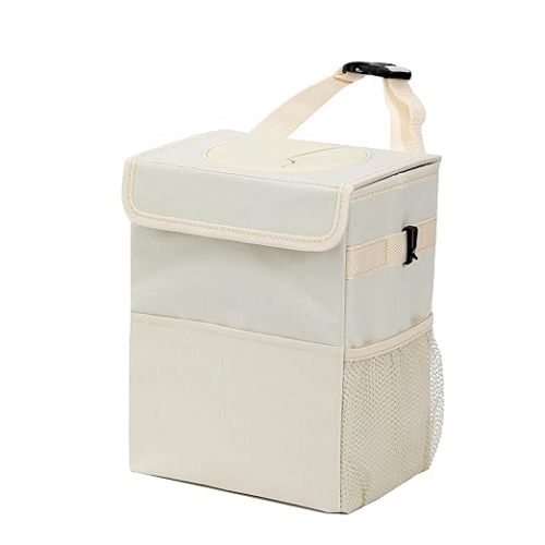 AOKJOY Car Garbage can with lid Leak Proof Vehicle Trash Can 3 Storage Pockets Hanging Waterproof car Trash Bag for SUV Beige