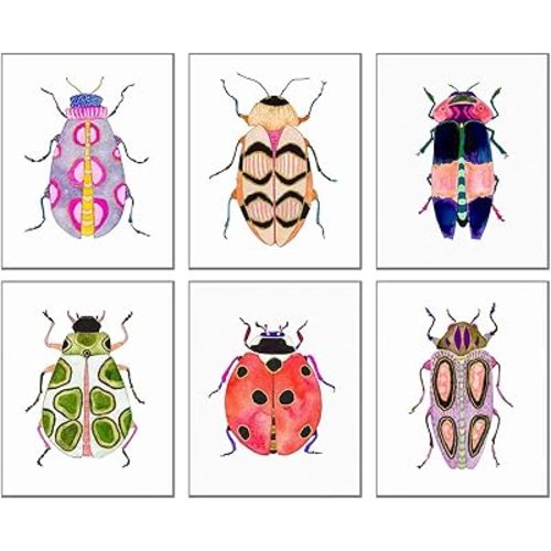 Colorful Insect Wall Art Prints,Watercolor Blue Beetle Ladybug Canvas Painting Colorful Insect Wall Art Poster for Kids Baby Room Decoration Home Decor Picture,Set of 6 (8"X10"inches,Unframed).