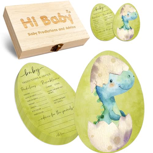50 Pcs Dragon Egg Baby Prediction Cards with Wooden Keepsake Box - Baby Shower Game for Gender Reveal, Parenting Advice & New Parents Wishes - A04