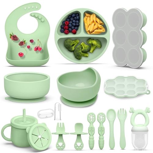 27 Pack Silicone Baby Feeding Set, Hepotk BPA-Free Food Grade Baby Feeding Essentials Utensils, Second Stage Baby Food Eating Utensils, Set of 3 babies(Brown, Blue, Green)