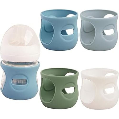4 Pack Silicone Sleeves for Avent Natural Glass Baby Bottles, Anti Breakage Bottle Holder, Compatible with Philips Avent Glass Natural Baby Bottles (Blue+Gray+Green+White, 4 OZ)