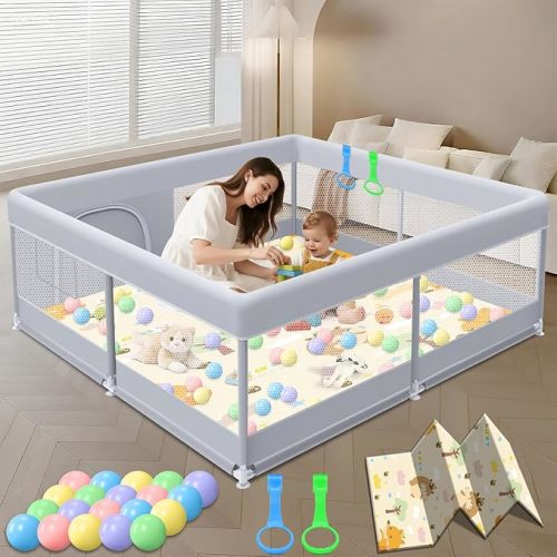 Baby Playpen with Mat, 50x50 Inch Play Pen, Playpen for Babies and Toddlers, Baby Playard for Indoor & Outdoor Active Center Game Fence, with Skin-Friendly Fabric and Soft Breathable Mesh
