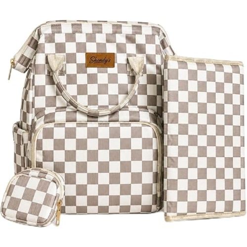 SHENDY'S Baby Diaper Bag Backpack for Mom, Large Capacity Travel Nappy Bag for Boys & Girls with Changing Pad & Stroller Straps (Check board Taupe)
