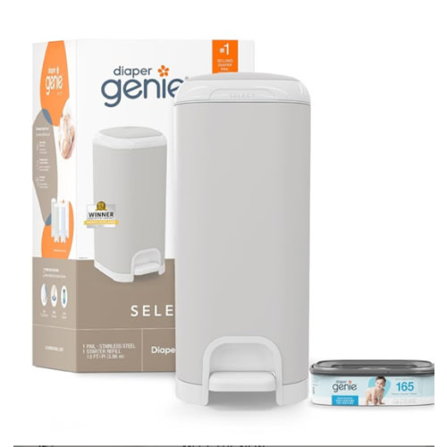 Diaper Genie Select Pail (Grey) is Made of Durable Stainless Steel and Includes 1 Starter Square Refill That can Hold up to 165 Newborn-Sized Diapers.
