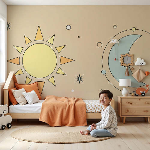 Nursery room wallpaper | Sun and moon with colorful stars