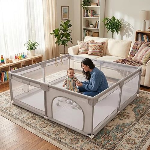 Miotetto Baby Playpen, Wooden Playpen for Babies and Toddlers, Foldable Fence with Montessori Activity Panel, Storage Basket & Gate, Portable, Easy to Assemble Baby Play Pen Natural Wood Playyard