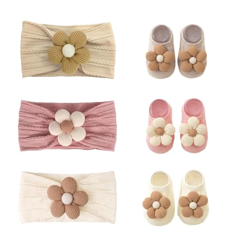 3 Set Baby Girls Flower Headband and Non-Slip Socks Sets Grippy Socks Soft Hairbands Cute Headband&Socks Hair Accessories for Toddler Newborn Infant Girl Gift