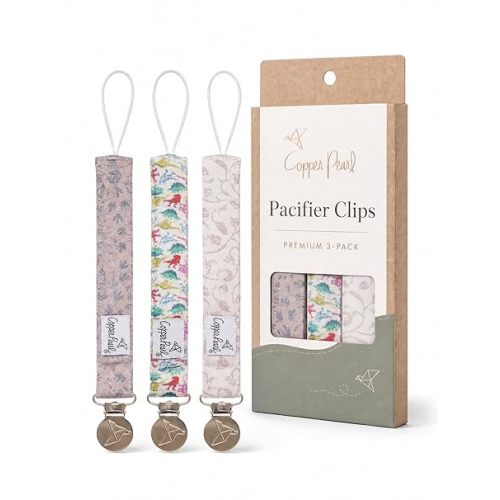 Copper Pearl 3-Pack Pacifier Holders: Premium Knit Binky Clips for Baby Girls and Boys - Stylish Stainless Steel Design for Secure No-Drop Attachment - Jurassic Park