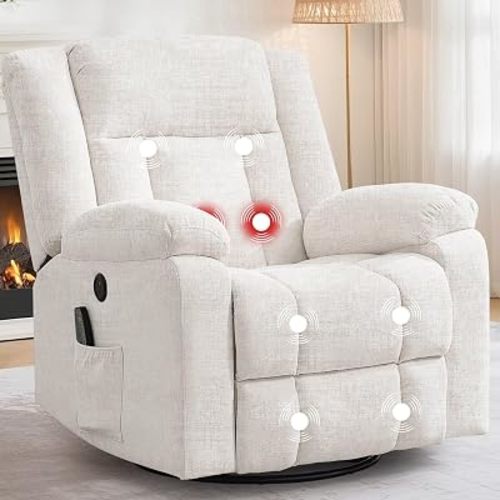 Korser Rocker Recliner, Glider Recliner Chairs for Adults, 360° Swivel Rocking Chair with Massage and Heating, Nursery Chair with Storage and USB Charging, Ivory White, Swivel Rocker Recliner